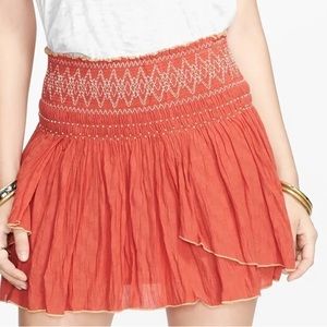 Free People Lip Smocking Good Coral Embroidered Skirt